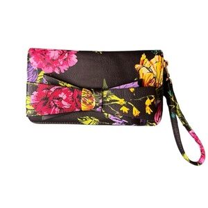 Betsey Johnson Black Multicolor Floral Bow Wristlet